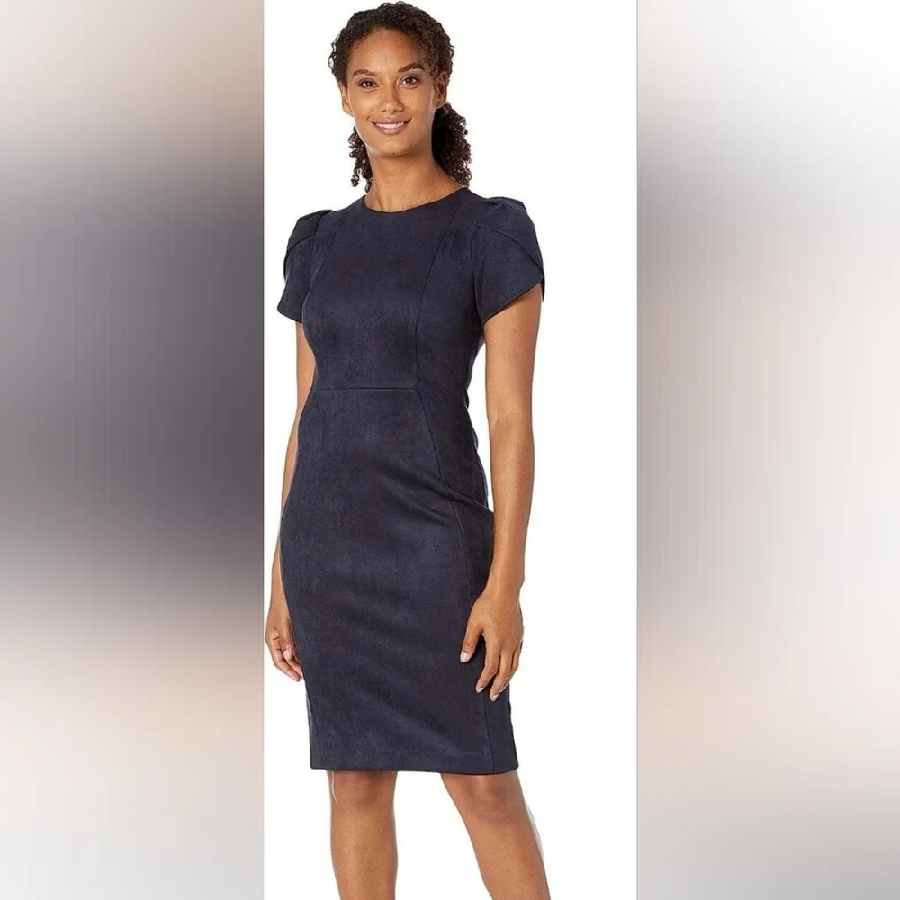 Calvin Klein Faux Suede Tulip  Short-Sleeve Sheath Dress - Navy Blue Sz 4